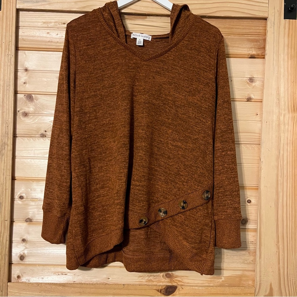 New York Laundry Women's V-Neck Brown Sweater with Button Detail